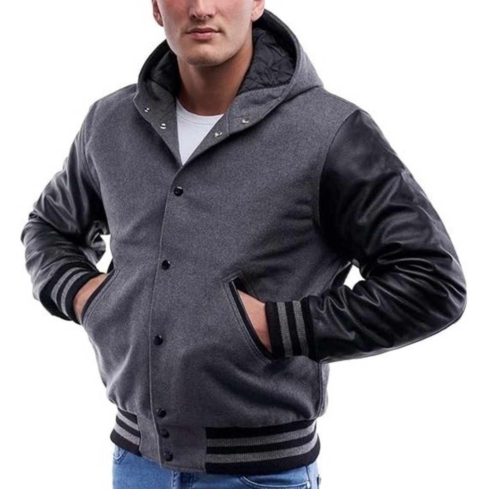 Varsity Base Letterman Hoodie Jacket - Oxford Grey/Black Leather Sleeves (Large)